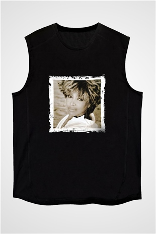 Tine Turner Baskılı Unisex Siyah Kolsuz Tişört
