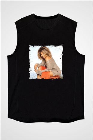 Tine Turner Baskılı Unisex Siyah Kolsuz Tişört