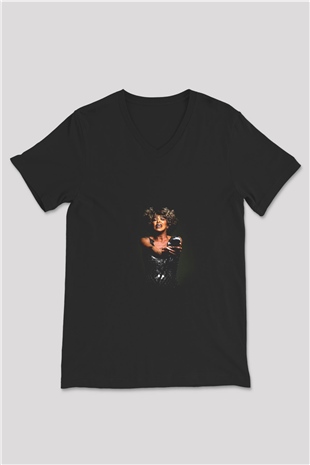 Tine Turner Baskılı Unisex Siyah V Yaka Tişört
