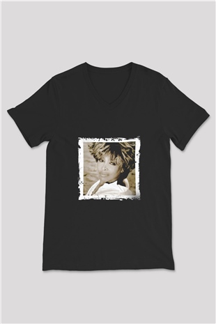 Tine Turner Baskılı Unisex Siyah V Yaka Tişört