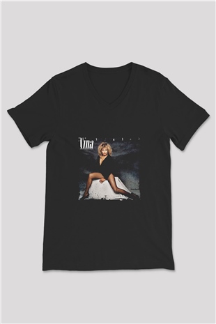 Tine Turner Baskılı Unisex Siyah V Yaka Tişört