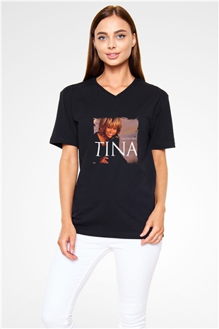 Tine Turner Baskılı Unisex Siyah V Yaka Tişört