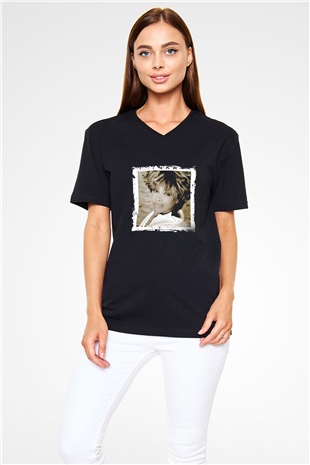 Tine Turner Baskılı Unisex Siyah V Yaka Tişört