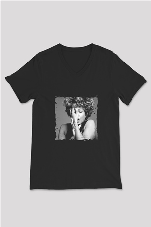 Tine Turner Baskılı Unisex Siyah V Yaka Tişört