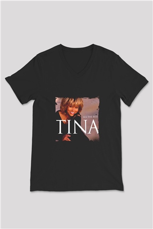 Tine Turner Baskılı Unisex Siyah V Yaka Tişört