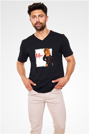 Tine Turner Baskılı Unisex Siyah V Yaka Tişört