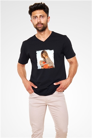 Tine Turner Baskılı Unisex Siyah V Yaka Tişört