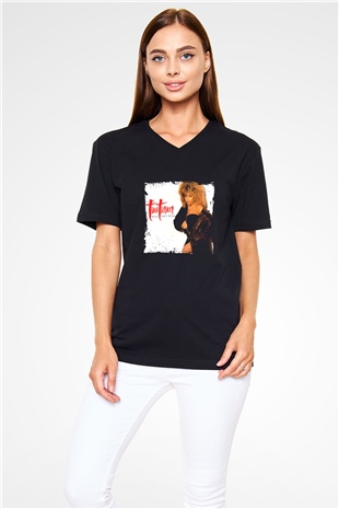 Tine Turner Baskılı Unisex Siyah V Yaka Tişört