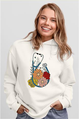 Tıp Bayramı Baskılı Beyaz Unisex Kapüşonlu Sweatshirt