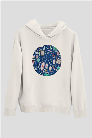 Tıp Bayramı Baskılı Beyaz Unisex Kapüşonlu Sweatshirt
