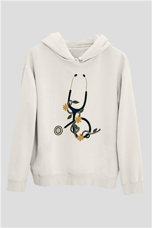 Tıp Bayramı Baskılı Beyaz Unisex Kapüşonlu Sweatshirt