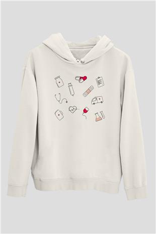 Tıp Bayramı Baskılı Beyaz Unisex Kapüşonlu Sweatshirt