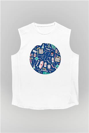 Tıp Bayramı Baskılı Beyaz Unisex Kolsuz Tişört - Tshirt