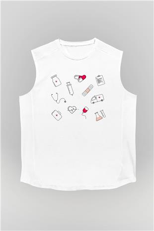 Tıp Bayramı Baskılı Beyaz Unisex Kolsuz Tişört - Tshirt