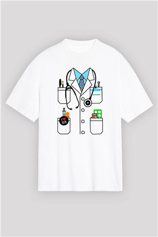 Tıp Bayramı Baskılı Beyaz Unisex Oversize Tişört - Tshirt