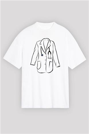 Tıp Bayramı Baskılı Beyaz Unisex Oversize Tişört - Tshirt