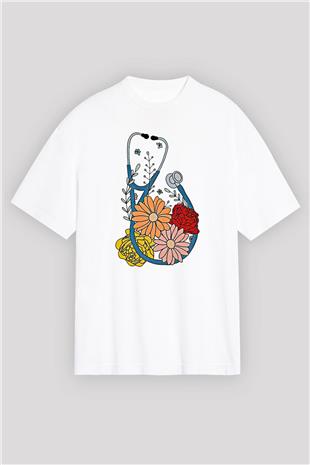 Tıp Bayramı Baskılı Beyaz Unisex Oversize Tişört - Tshirt