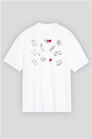 Tıp Bayramı Baskılı Beyaz Unisex Oversize Tişört - Tshirt