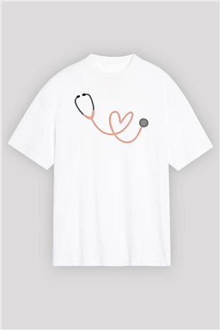 Tıp Bayramı Baskılı Beyaz Unisex Oversize Tişört - Tshirt