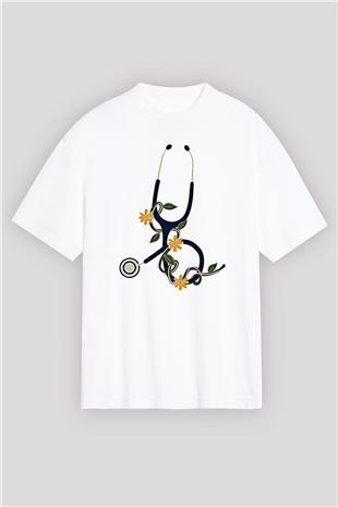 Tıp Bayramı Baskılı Beyaz Unisex Oversize Tişört - Tshirt