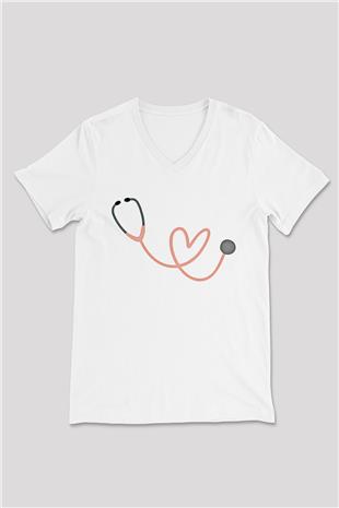 Tıp Bayramı Baskılı Beyaz Unisex V Yaka Tişört - Tshirt