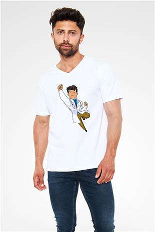 Tıp Bayramı Baskılı Beyaz Unisex V Yaka Tişört - Tshirt