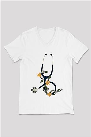 Tıp Bayramı Baskılı Beyaz Unisex V Yaka Tişört - Tshirt