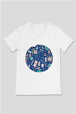 Tıp Bayramı Baskılı Beyaz Unisex V Yaka Tişört - Tshirt