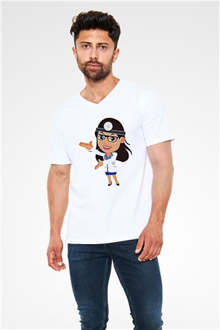 Tıp Bayramı Baskılı Beyaz Unisex V Yaka Tişört - Tshirt