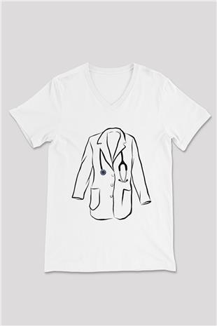 Tıp Bayramı Baskılı Beyaz Unisex V Yaka Tişört - Tshirt