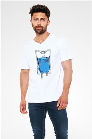 Tıp Bayramı Baskılı Beyaz Unisex V Yaka Tişört - Tshirt