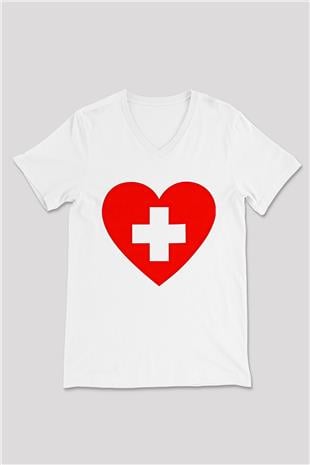 Tıp Bayramı Baskılı Beyaz Unisex V Yaka Tişört - Tshirt