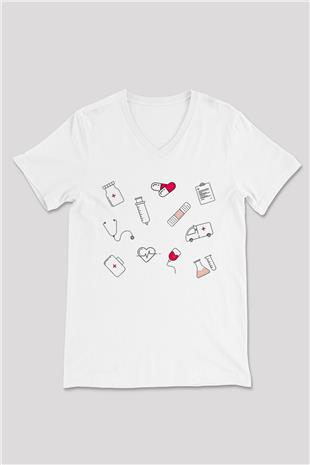 Tıp Bayramı Baskılı Beyaz Unisex V Yaka Tişört - Tshirt