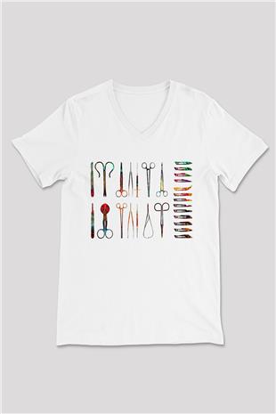 Tıp Bayramı Baskılı Beyaz Unisex V Yaka Tişört - Tshirt
