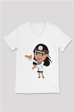 Tıp Bayramı Baskılı Beyaz Unisex V Yaka Tişört - Tshirt