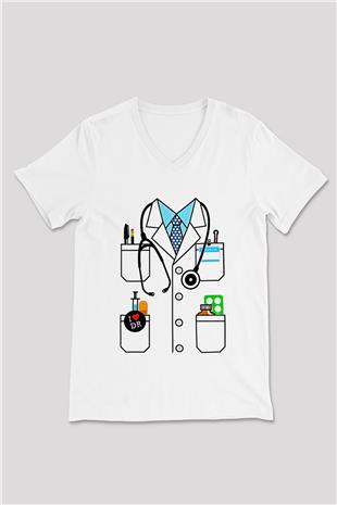 Tıp Bayramı Baskılı Beyaz Unisex V Yaka Tişört - Tshirt