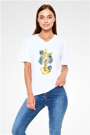 Tıp Bayramı Baskılı Beyaz Unisex V Yaka Tişört - Tshirt