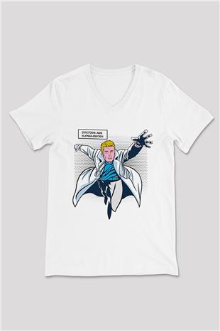 Tıp Bayramı Baskılı Beyaz Unisex V Yaka Tişört - Tshirt