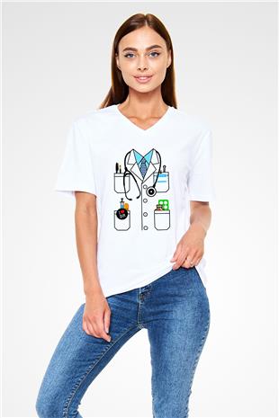 Tıp Bayramı Baskılı Beyaz Unisex V Yaka Tişört - Tshirt