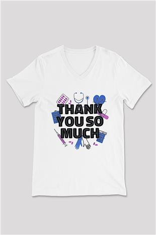 Tıp Bayramı Baskılı Beyaz Unisex V Yaka Tişört - Tshirt