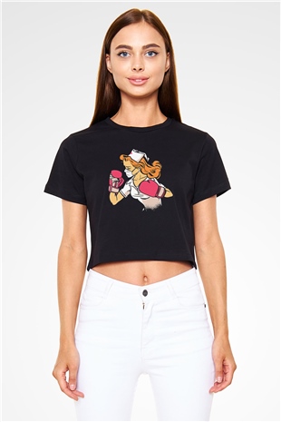 Tıp Bayramı Baskılı Siyah Crop Top Kadın Tişört - Tshirt