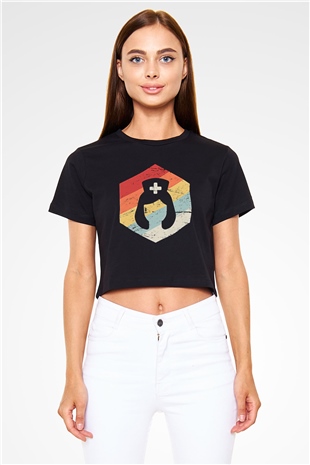 Tıp Bayramı Baskılı Siyah Crop Top Kadın Tişört - Tshirt