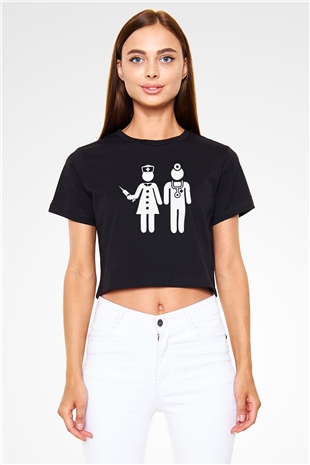 Tıp Bayramı Baskılı Siyah Crop Top Kadın Tişört - Tshirt