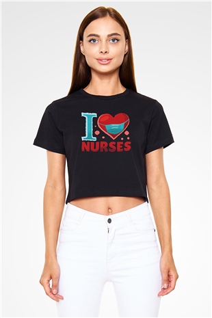 Tıp Bayramı Baskılı Siyah Crop Top Kadın Tişört - Tshirt