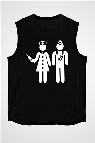 Tıp Bayramı Baskılı Unisex Siyah Kolsuz Tişört - Tshirt
