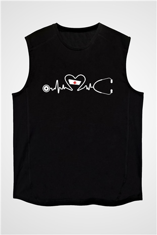 Tıp Bayramı Baskılı Unisex Siyah Kolsuz Tişört - Tshirt