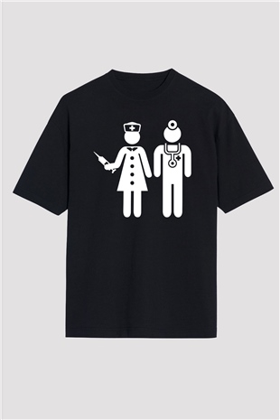 Tıp Bayramı Baskılı Unisex Siyah Oversize Tişört - Tshirt