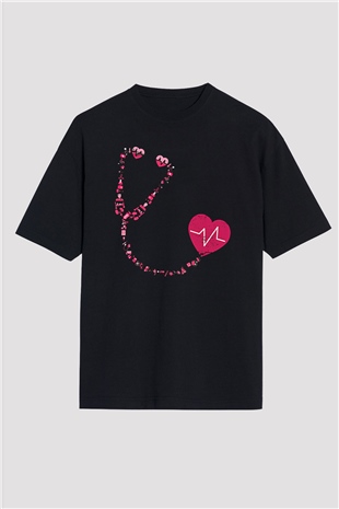 Tıp Bayramı Baskılı Unisex Siyah Oversize Tişört - Tshirt