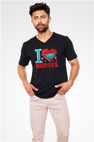 Tıp Bayramı Baskılı Unisex Siyah V Yaka Tişört - Tshirt