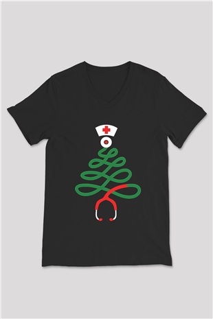Tıp Bayramı Baskılı Unisex Siyah V Yaka Tişört - Tshirt